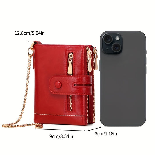 MIYIN Women'S & Men'S Red Bifold Wallet with Anti-Theft Chain Lock, Golden-Tone Hardware & Removable ID Window - Multi-Compartment Organizer with Card Slots