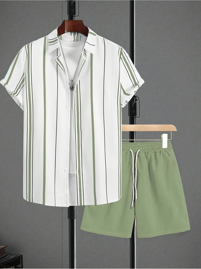 Men's Summer Casual Striped Short Sleeve Shirt & Shorts Set