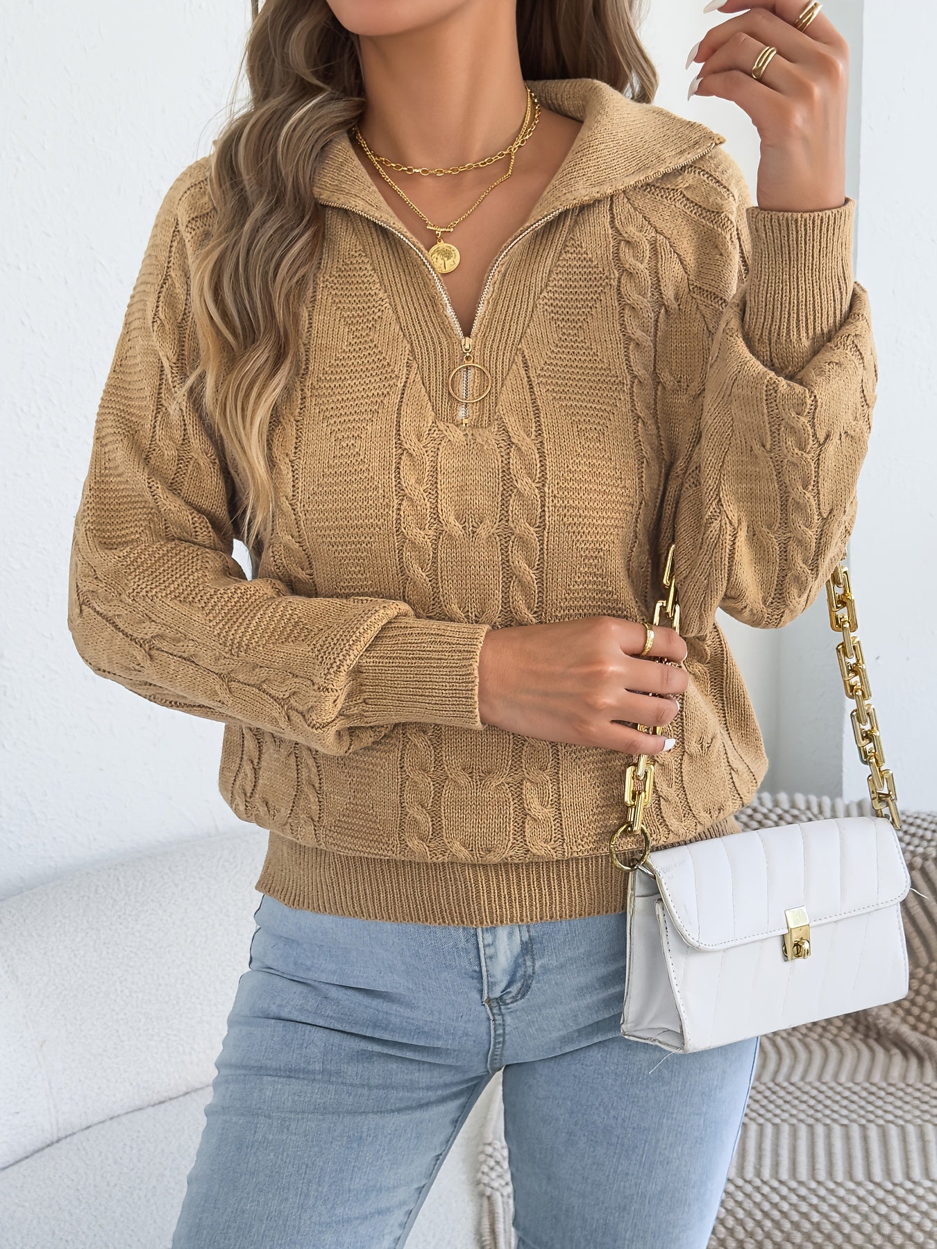 Autumn and Winter Leisure Vacation Pullover Sweater Solid Color Zipper Lapel Women's Sweater