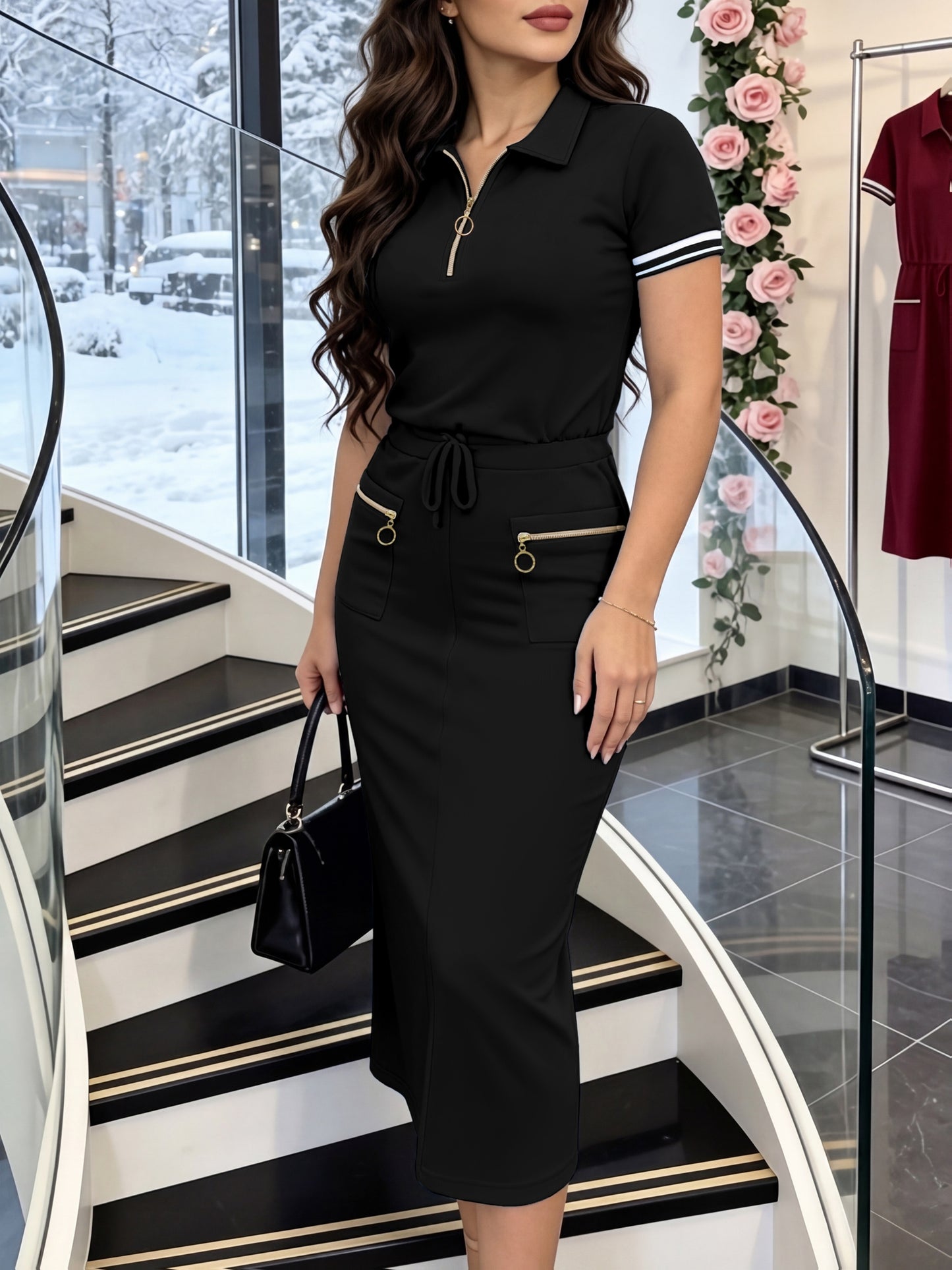 Elegant Two-Piece Set: Polo Neck Top & Multi-Pocket Midi Skirt