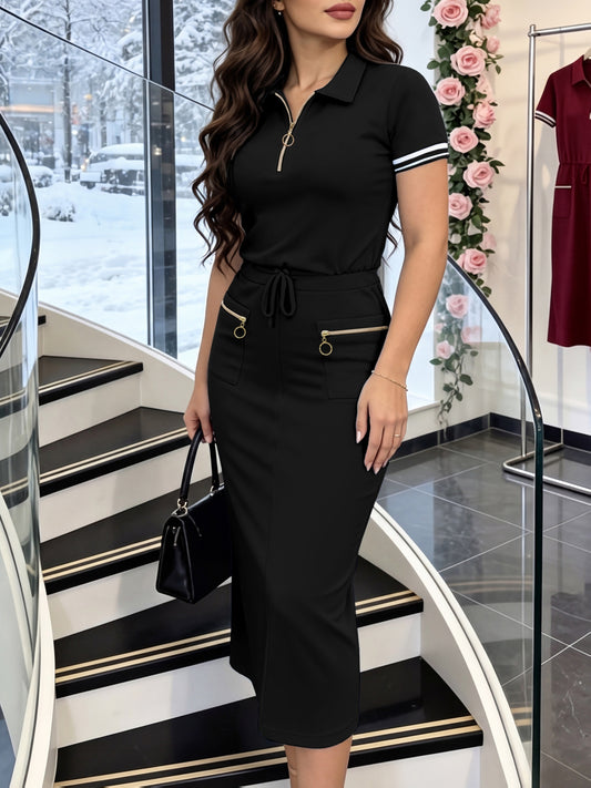 Elegant Two-Piece Set: Polo Neck Top & Multi-Pocket Midi Skirt