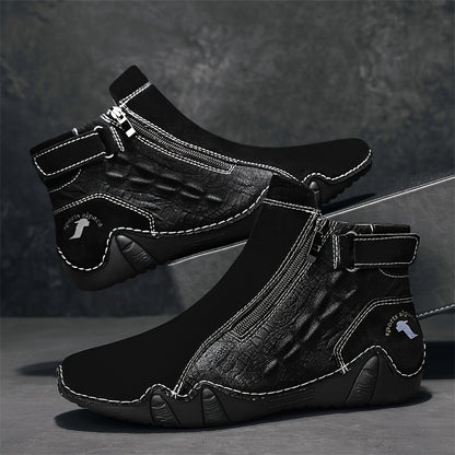 Men'S High-top Casual Shoes With Anti-slip, Comfortable, Outdoor, Fashionable, Plus Size, Business, Hand-stitched, Zipper, Cro, Lace-up.