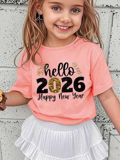 Girls' 2026 New Year T-Shirt - Hello 2026 Happy New Year Graphic Tee with Golden Number 2026, Heart, & Golden Lettering - Lightweight Summer Top for Birthday Party, Girls Clothes