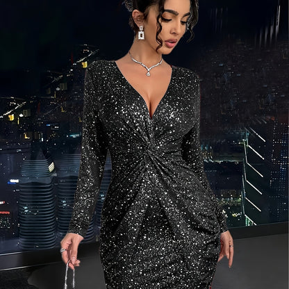 Women'S Elegant V-Neck Long Sleeve Dress with Twist Detail - Sparkling Party & Formal Dress, Stretchy Fitted Fabric, Flattering Bodycon Silhouette for Evening Events, Office, Wedding - Spring/Fall/Summer Fashion, Cute Dresses