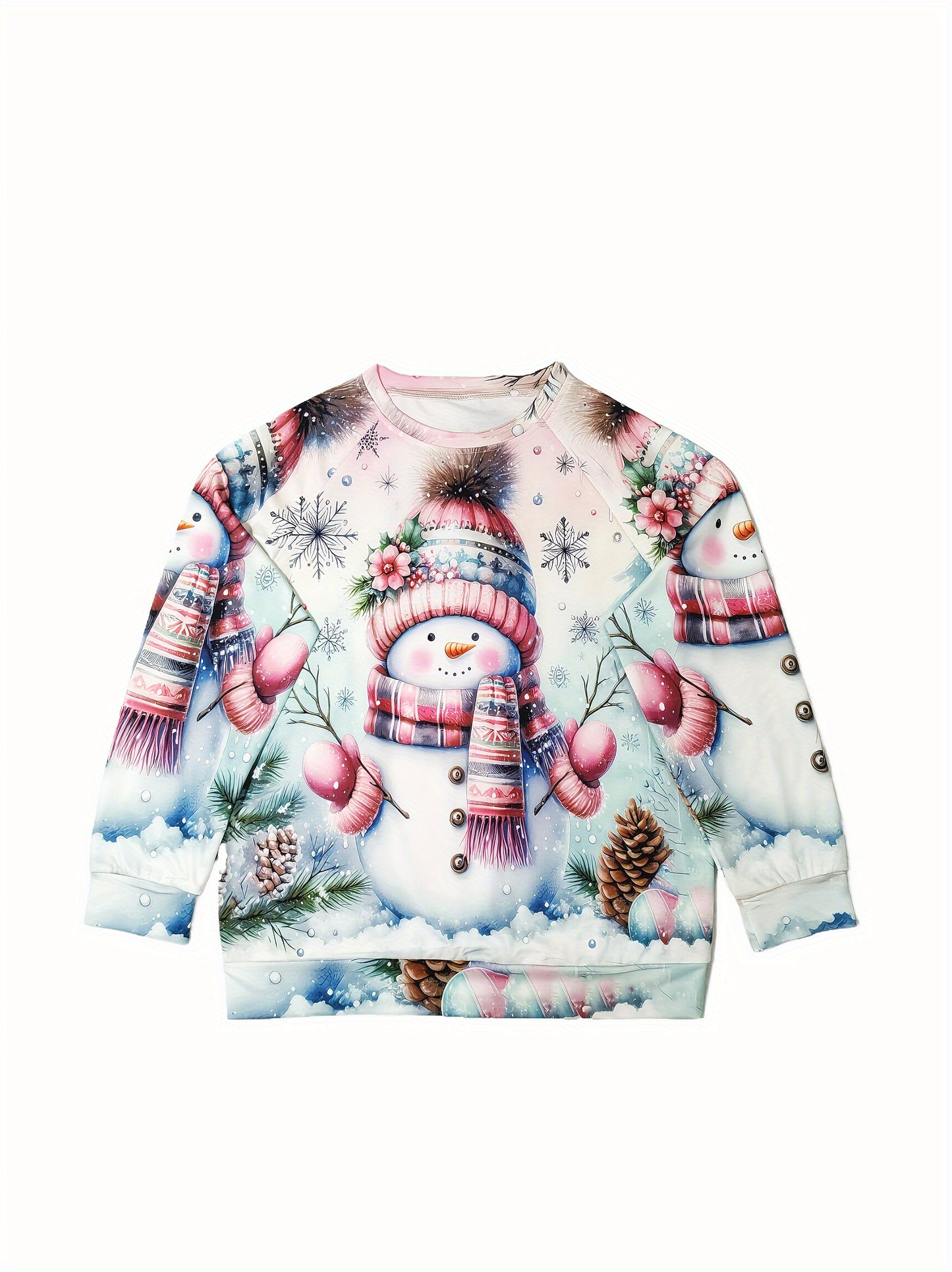 Women's Cozy Christmas Snowman Print Sweatshirt - Cute Pink Sweater with Collar & Raglan Sleeves, Soft Polyester-Spandex Blend Pullover for Winter Parties, Casual Holiday Sweater (Machine Washable)