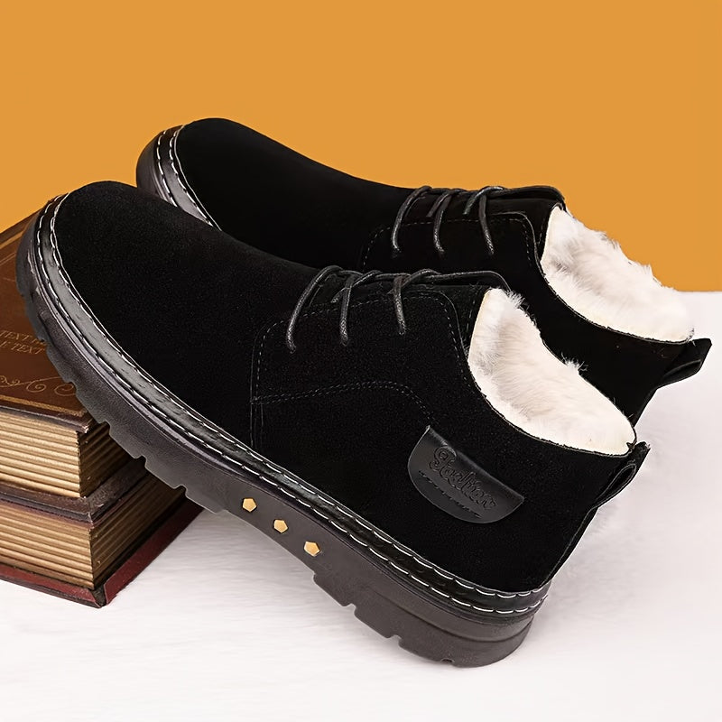 Men'S Hand-Stitched Winter Snow Boots - Slip-On Fleece-Lined Warmth, Non-Slip Rubber Sole, Thickened Insulation, Black Casual Short Boots for Cold Weather, Everyday Comfort Footwear, Durable Traction Footwear