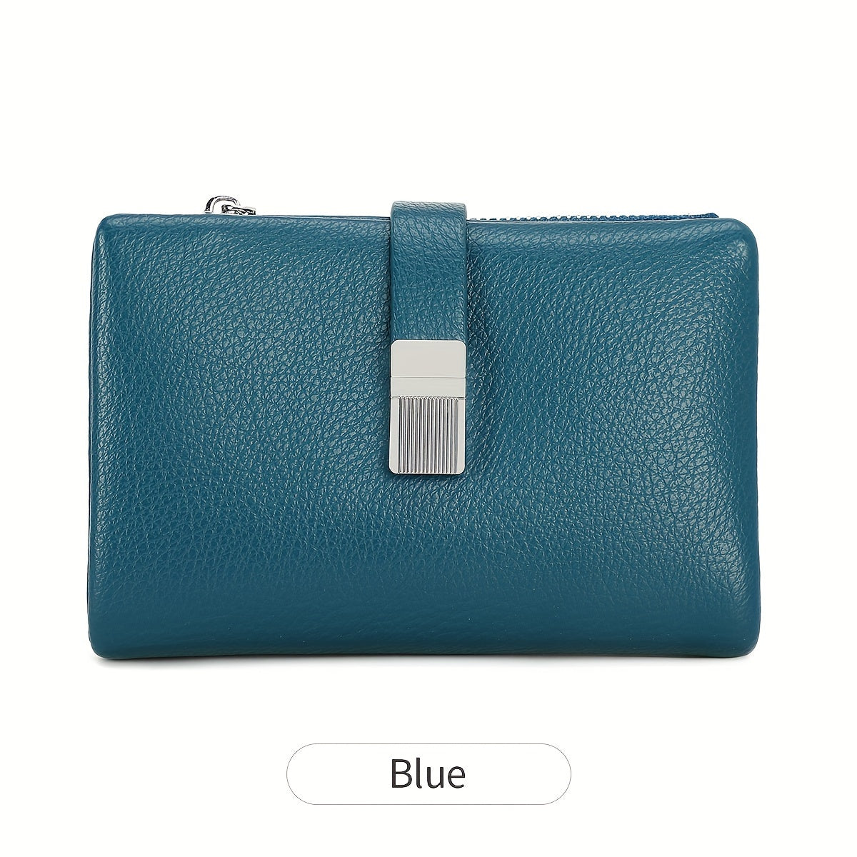 A Compact Trifold Wallet Made of Soft PU in a Solid Color, Featuring Metal Accents. It Includes a Zippered Coin Pocket, Card Slots, And an ID Window, Suitable for Credit Cards, ID Cards, Cash, And Coins. This Modern, Lightwei