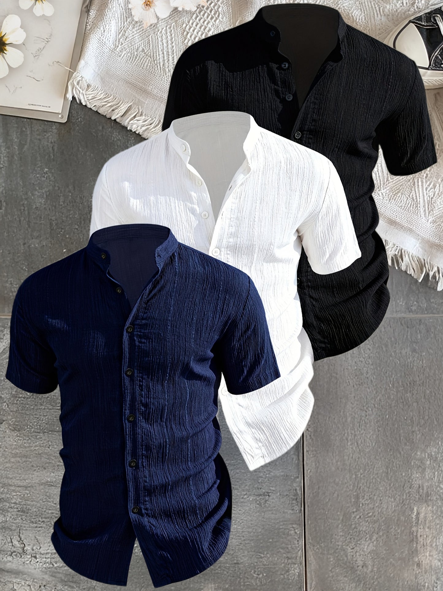 Men's 3-Piece Summer Shirt Set - Lightweight, Breathable, Stand Collar