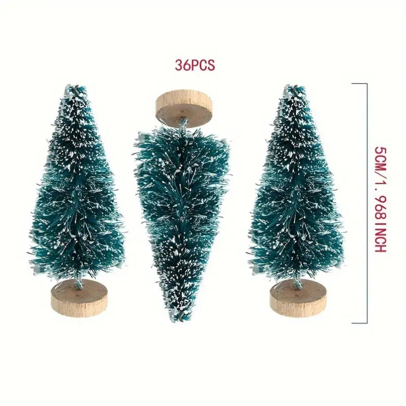 36pcs 5Cm/1.968 Inch Mini Snow Frost Tree Winter Mini Pine Base Bottle Brush Tree Plastic Winter Snow Decoration (Green) New Year Decoration Accessories, Artificial Snow Scenery Mini Pine DIY Decoration, Party Supplies, Home