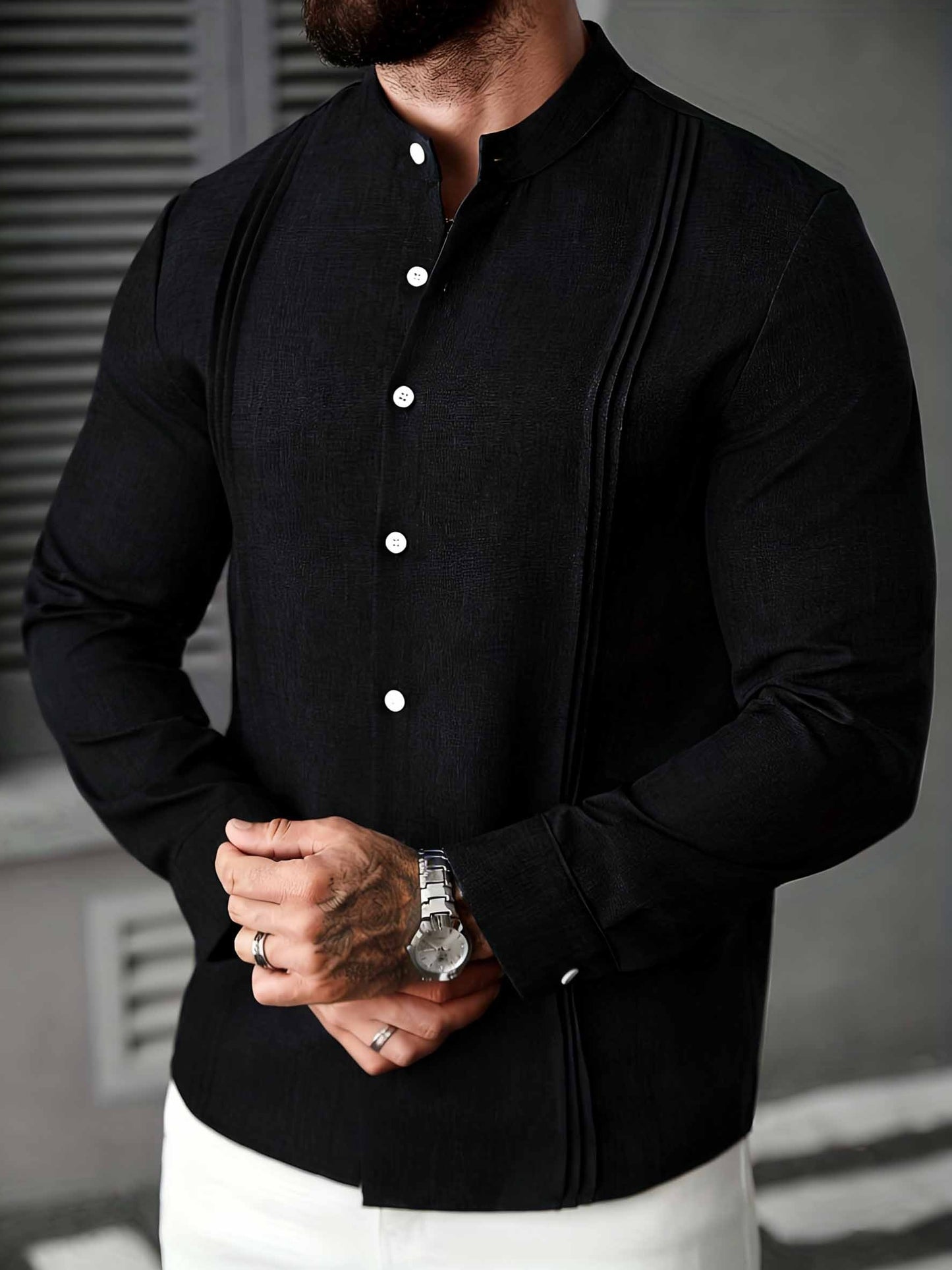 Men's Casual Stand Collar Long Sleeve Solid Color Shirt