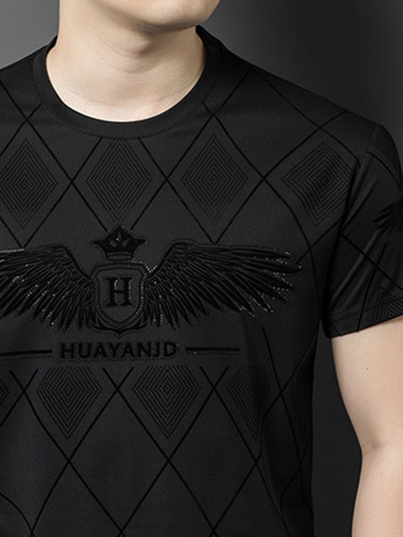 SINBOS Men's 2025 Summer Short Sleeve T-Shirt - Black Casual Graphic Print Tee with Wing  HUYAND Logo Design, Breathable Stretch Fabric, Round Neck Regular Fit for Casual Attire, Nontransparent Material, Relaxed Fit, Trendy