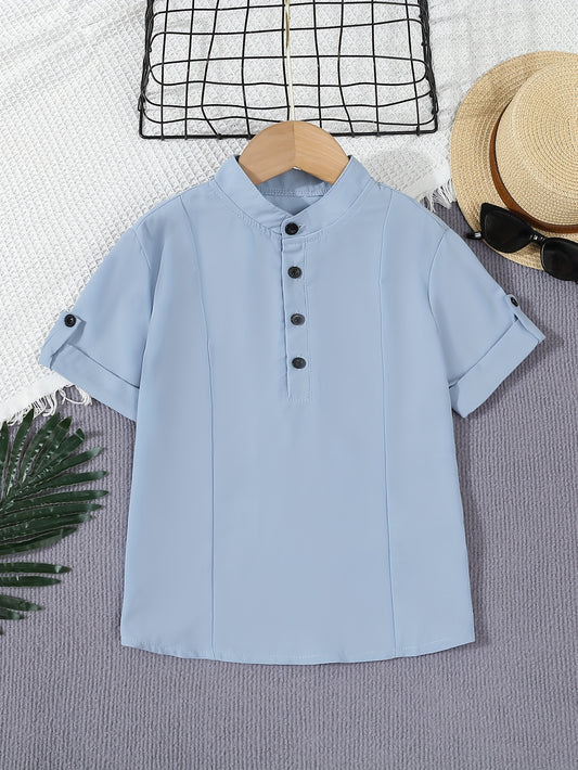 Boys' Short Sleeve Stand Collar Shirt with Contrast Buttons