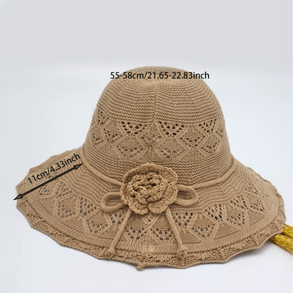 Women's Floral Crochet Trim Bamboo Straw Bucket Hat for Summer