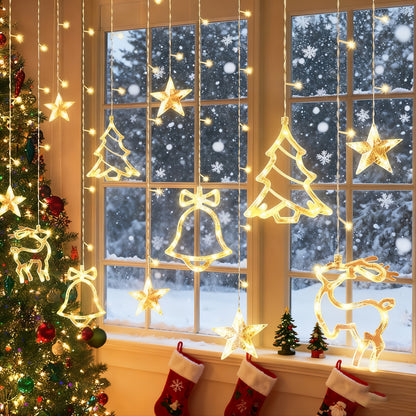 Christmas Decoration Icicle Curtain Lights, Window Wall Hanging String Light, USB Plug in Bell/Reindeer Fairy Lamp, Halloween/Ramadan Decor for Bedroom Living Room Backdrop Wedding Party Indoor Xmas Tree Dorm Fall Home Decor