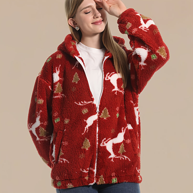 Cozy Christmas Reindeer Sweater - Red & Golden holiday Sweater with Deer, Soft Coral Fleece-like Pullover for Women & Men, Winter party Outfit, Lounge Wear - Machine Washable Cold Weather Clothing, Christmas Sweaters, Festive