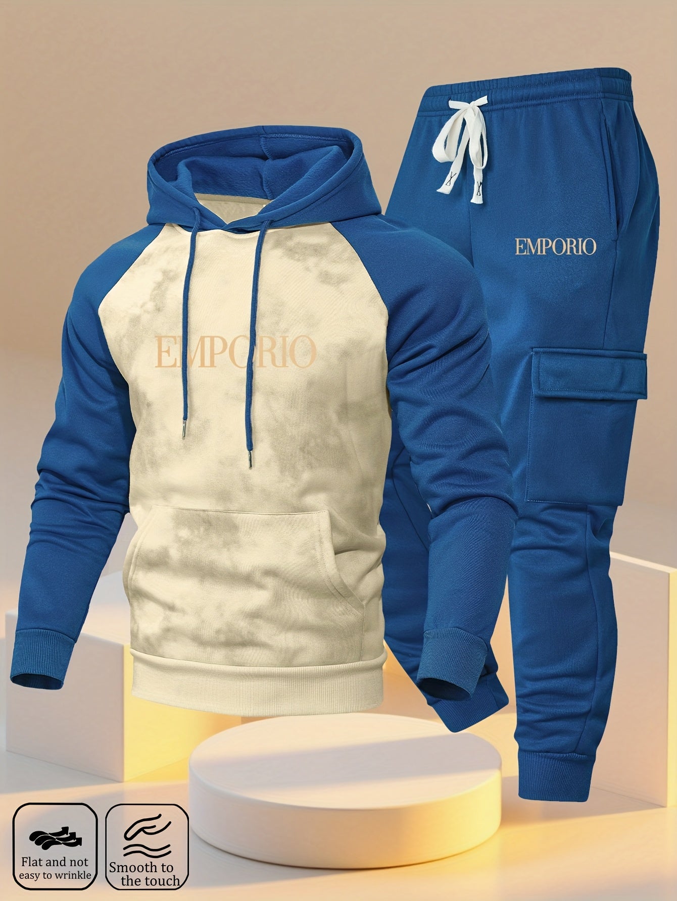 New Trendy Fashion Raglan Sleeve Colorblock Hoodie and Loose Cuffed Drawstring Cargo Pants with Multiple Pockets, Casual Daily Comfortable Versatile Breathable Hooded Sweatshirt and Loose Long Pants 2pcs Set with Stylish Prin