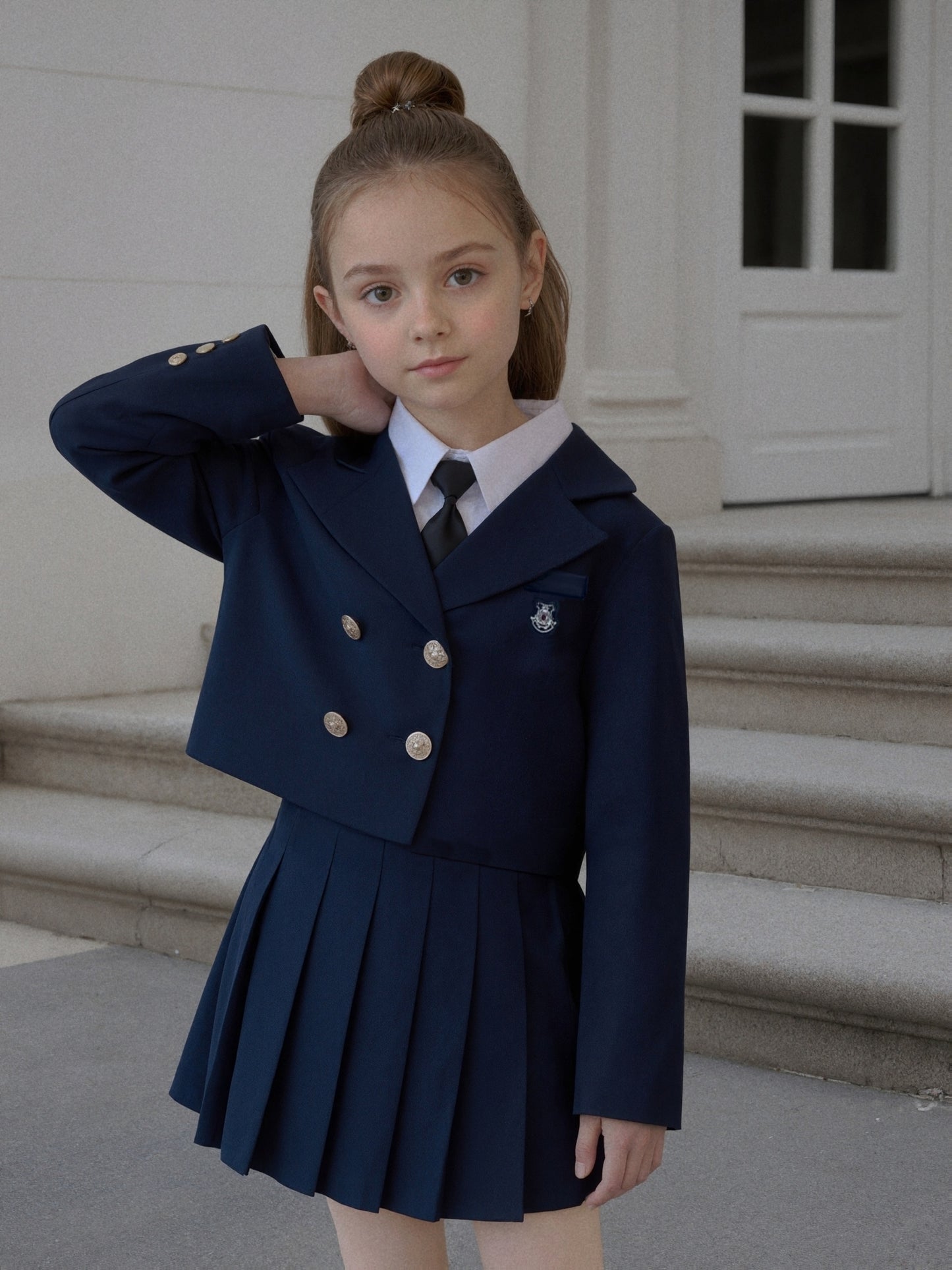 Girls' Preppy Blazer and Pleated Skirt Set for Spring/Fall