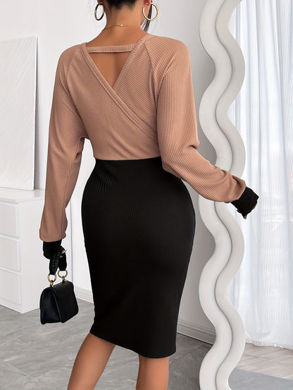 Elegant Color Block Long Sleeve V-neck Bodycon Dress | Midi Length, Solid Color, Suitable for Spring/Fall Season