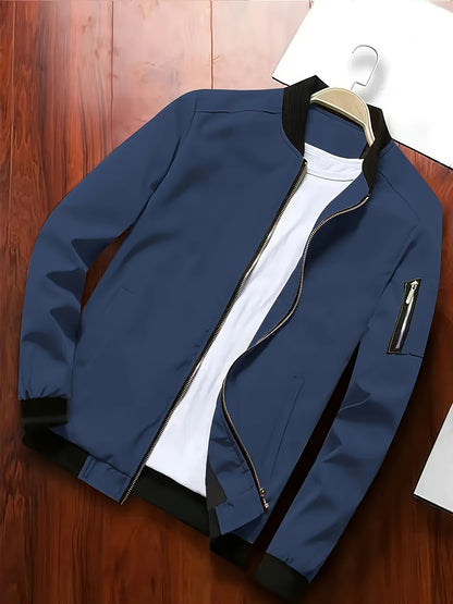 Men's Baseball Jacket - All-Season Zip-Up Coat with Zippered Pockets, Machine Washable Outerwear for Casual & Formal Events - Navy Jacket, Sleek Appearance