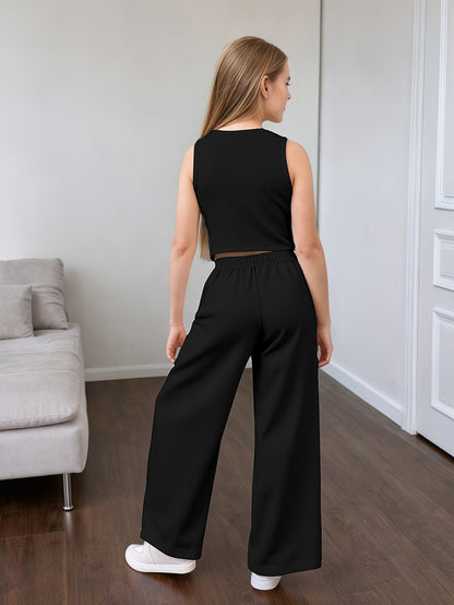 Girls' Summer Casual Set: Vest and Wide-Leg Pants Outfit
