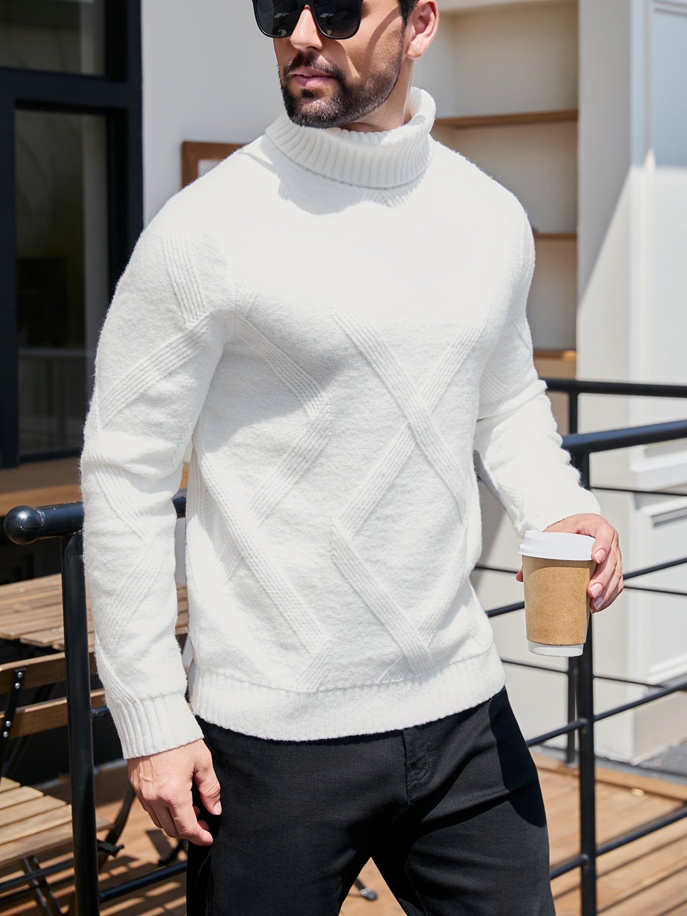 Men's High Neck Solid Color Long Sleeve Textured Geometric Pattern Knit Sweater Regular Fit Pullover