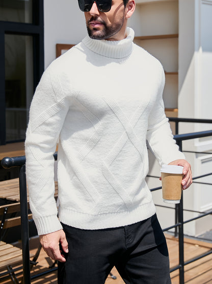 Men's High Neck Solid Color Long Sleeve Textured Geometric Pattern Knit Sweater Regular Fit Pullover