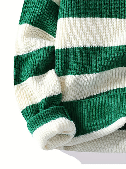 Men's 2025 Autumn/Winter Striped Sweater for Youth with Color Block Round Neck Casual Warm Knitwear