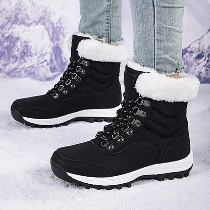 Women's Winter Boots with Fau - High-Top Snow Boots with Buckle Strap & Spiked Traction, Round Toe Synthetic /Nylon-like, Plush & Rubber Sole for Ice Walking, Snowshoe Boots (Black), Winter Boots For Women, Snow Boots Women,