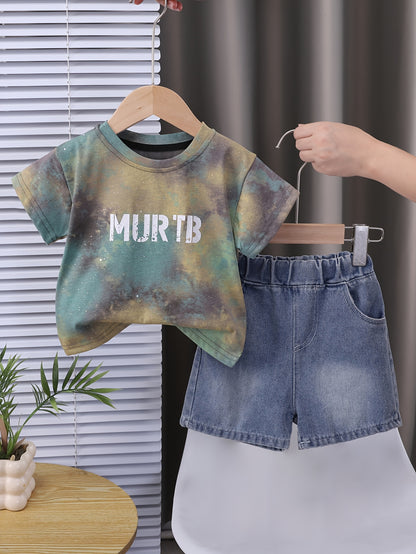 Boys' Tie-Dye Alphabet Print Crew Neck Tee & Denim Shorts Set