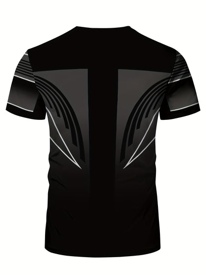 Men'S Slim Fit Breathable T-Shirt with Intricate Black  White Geometric Print - Moisture-Wicking Polyester-Spandex Blend, Machine Washable, Round Neck Short Sleeve for Summer Casual Wear, Gym, Hiking  Outdoor Activities