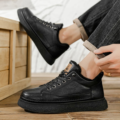 Men's Winter Warm PU -Like Hiking Sneakers with Plush -Like, EVA Cushioned Sole & Rubber Traction Tread - Low-Top Lace-Up Outdoor Shoes for Ice, Snow, Casual Wear (Black/Brown) - Cold Weather