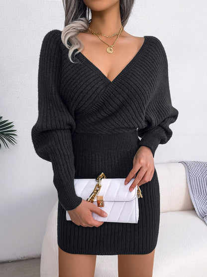 Sexy Cross V Neck Bodycon Sweater Dress, Batwing Sleeve Solid Criss Cross Neck Cross Sexy Dresses, Women'S Clothing