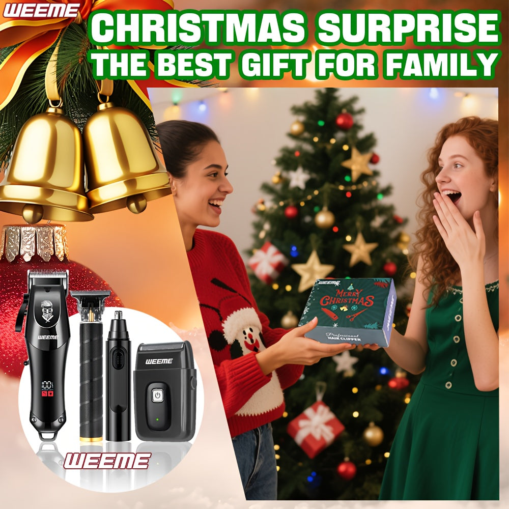 WEEME 4pcs Professional Hair Clipper Set for Men, Cordless Barber Clippers and Trimmer Kit, Electric Beard Trimmer and Nose Trimmer, Foil Shaver Grooming Tools, Luxury Christmas Gift Set for Him (Black) - ayq