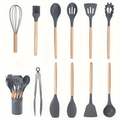 12pcs, wooden handle silicone kitchenware 12 sets, high temperature silicone spatula, spoon, cream spatula, slotted spoon, spaghetti grab, thick spoon, non-stick cooking spoon set, kitchen cooking tools, silicone kitchen uten