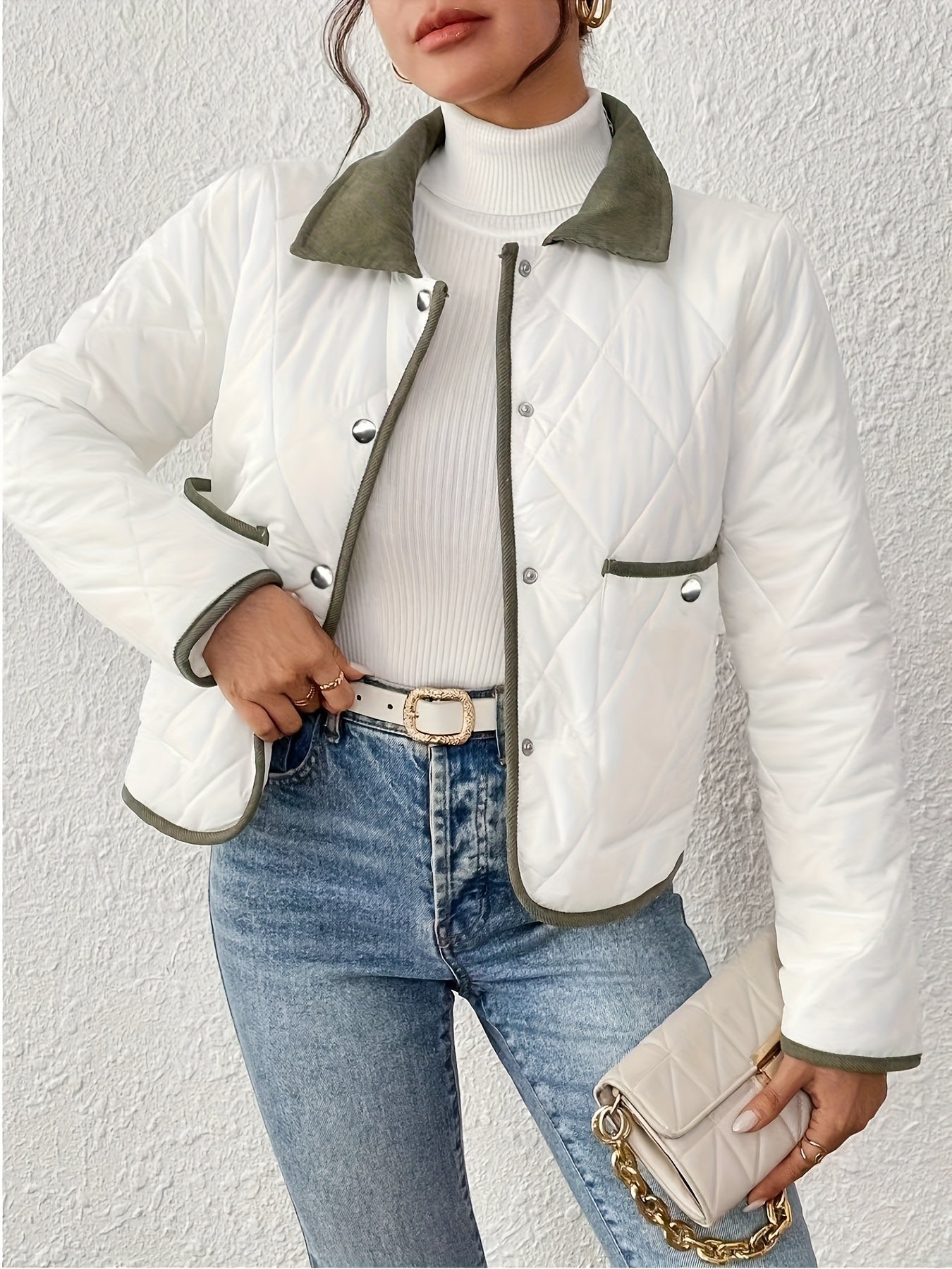 Women's Fashion Elegant Two-Tone Fabric Short Jacket, Color-Block Lapel Collar, Long Sleeve, Suitable for All Occasions, Autumn and Winter