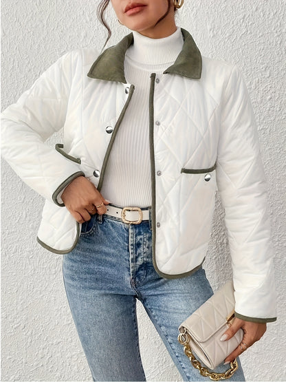 Women's Fashion Elegant Two-Tone Fabric Short Jacket, Color-Block Lapel Collar, Long Sleeve, Suitable for All Occasions, Autumn and Winter