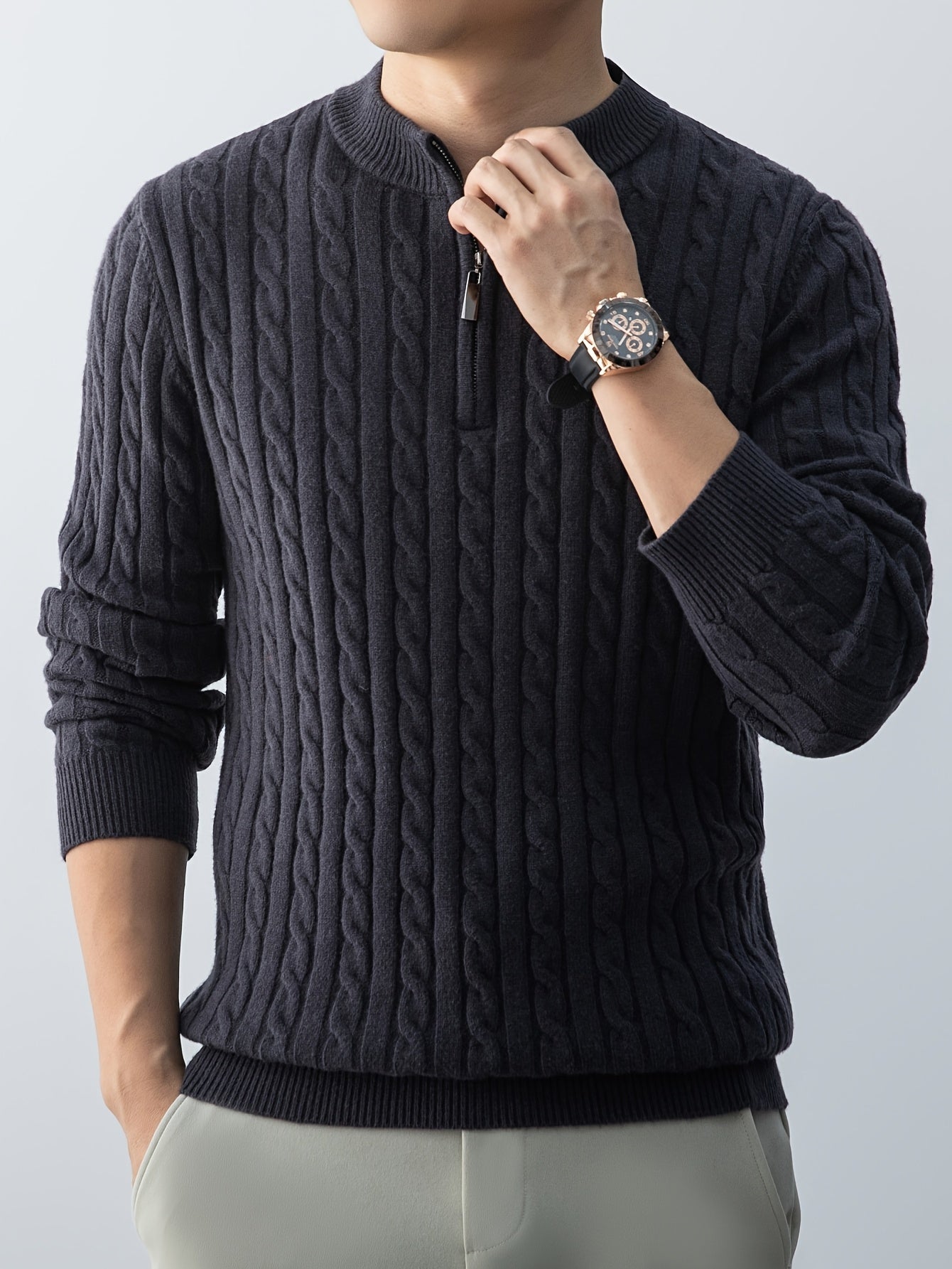 New Men'S Christmas Gift: a Thick, Warm, And Cold-Resistant Knitted Sweater with a Cable-Knit Design And a Zippered Collar, Suitable for Both Layering And Wearing Alone, Perfect for Casual And Versatile Outfits
