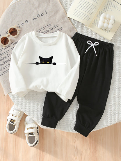 Boys Casual Cat Print Cotton Set with Long Sleeve & Pants