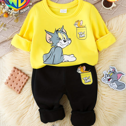 Warner Series Boys' Autumn/Winter New "Tom and Jerry" Series Set: Classic Nostalgic Yellow Top with Tom and Jerry Letter Print and Black Warm Fleece-Lined Pants, 2-Piece Casual Comfortable Everyday Outfit