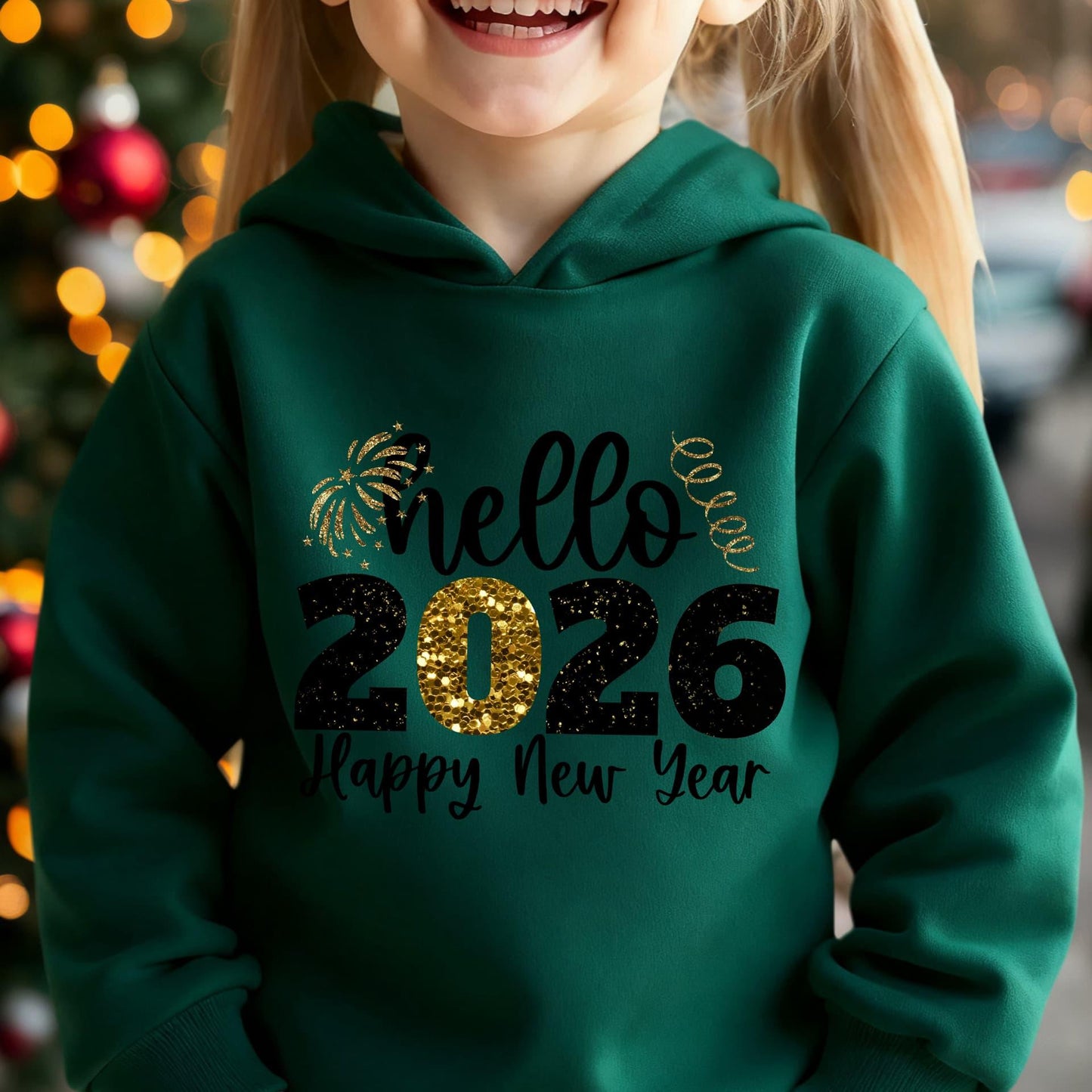 Girls' 2026 New Year'S Hooded Sweatshirt - Hello 2026 Happy New Year Lettering, Mint Green with Golden Glitter Accent, Cozy Fleece Pullover for Christmas & New Year, Winter Casual Wear, Christmas Sweatshirt, Festive Clothing,