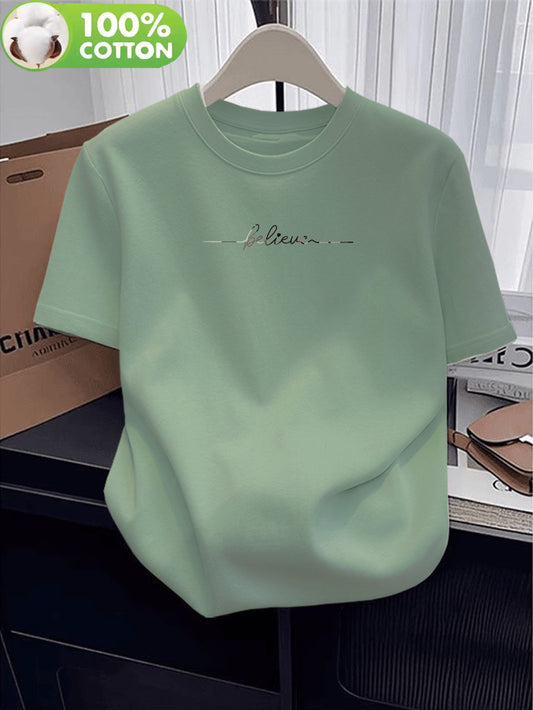 Women's 100% Cotton Casual Summer T-Shirt with Letter Print - ayq