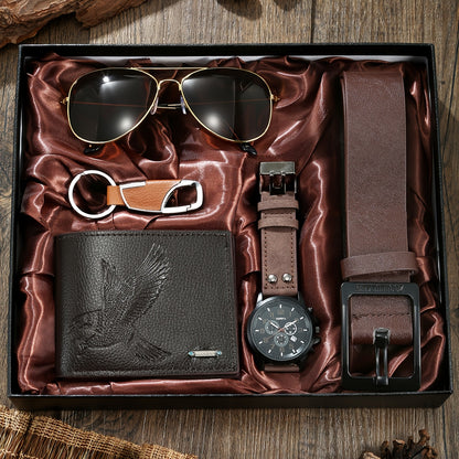 A Men'S Belt Gift Set Consisting of Five Items: a Belt, a Watch, a Wallet, Glasses, And a Keychain, Featuring a Luxurious And Business-Oriented Design That Enhances Your Charm