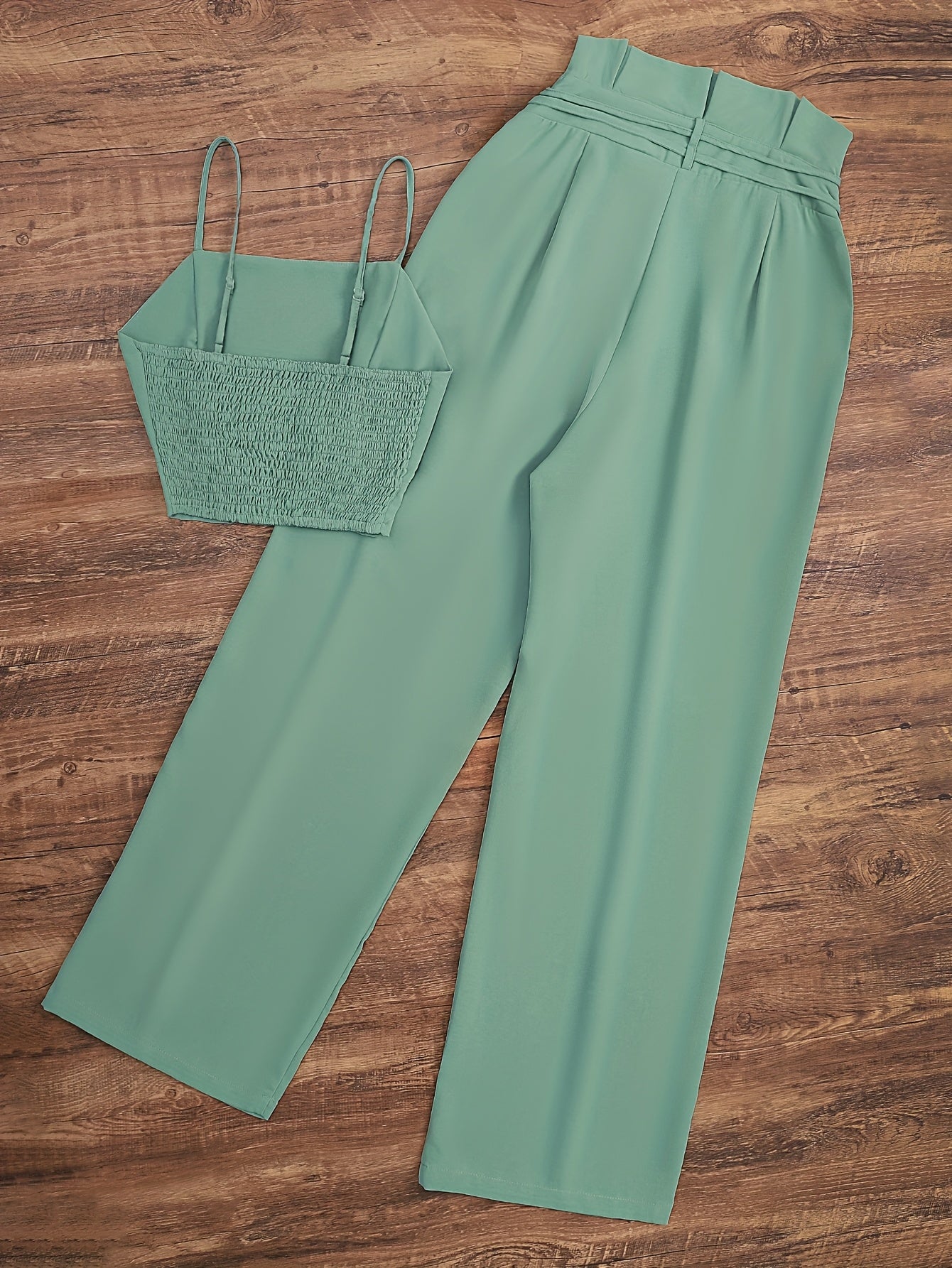 Elegant Mint Green Off-Shoulder Top and Tie-Waist Wide-Leg Pants Set