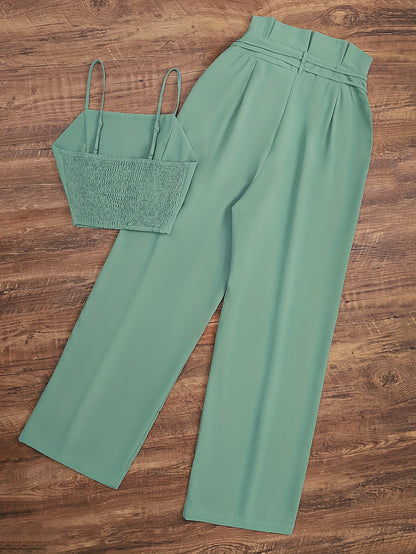 Elegant Mint Green Off-Shoulder Top and Tie-Waist Wide-Leg Pants Set