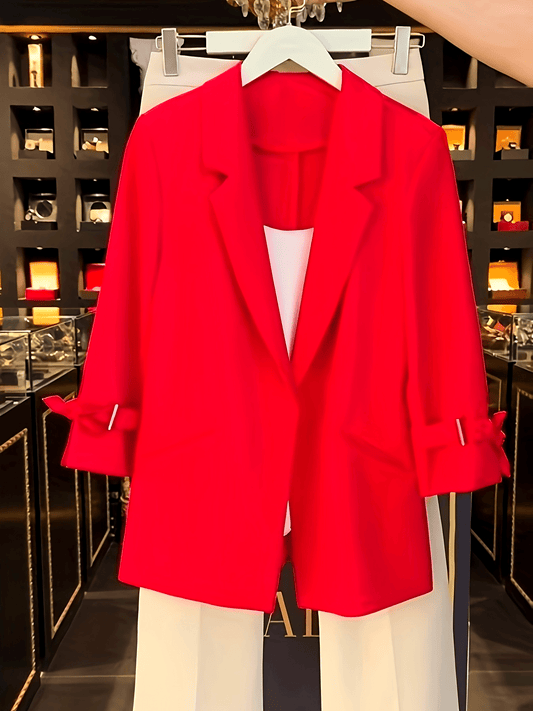 Women's Elegant Red Blazer Jacket - No-Buckle Open Front Long Sleeve Coat, Machine Washable H-Silhouette Solid Color for All-Season Office & Casual Wear