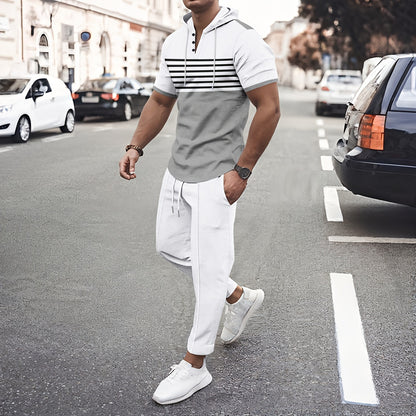 Men'S Summer Casual Sportswear Set, Striped Patchwork Short Sleeve, Polyester Material, Suitable for Leisure and Sports Outings, Fashionable and Trendy, with Drawstring Belt and Pockets, Ideal for Summer Activities, Hooded Sh