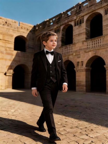 Boys' Korean Style 4-Piece Suit Set with Jacket & Bow Tie