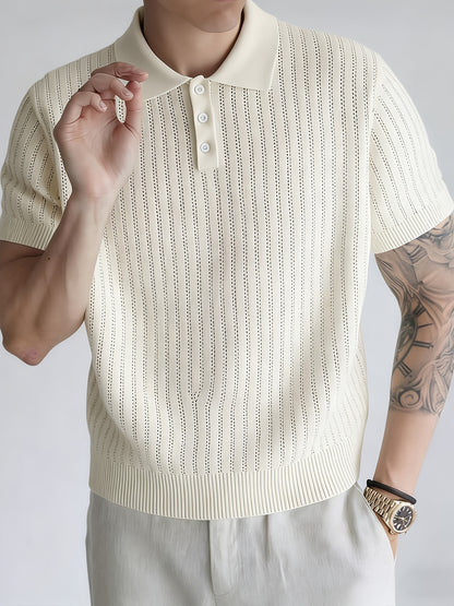 Men'S Summer Knitted Polo Shirt | Breathable Striped Design, Casual Lapel Collar, Short Sleeves, Three-Button Closure, Slim Fit, Ideal For Business Casual And Travel - ayq