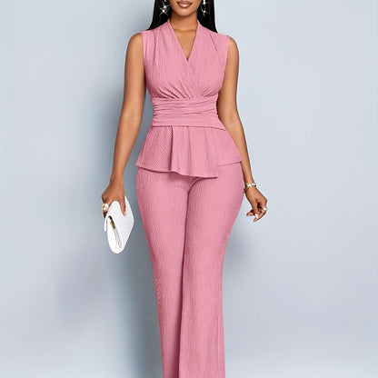 Women's Elegant V-Neck Sleeveless T-Shirt and Wide-Leg Pants Two-Piece Set, Asymmetrical Hem Casual Spring/Summer Outfit