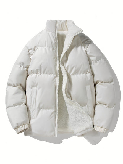 Yilong OBM Men's 2025 Fleece-Lined Winter Coat - Stand Collar Padded Insulation, Machine Washable Polyester, Solid Color Casual Jacket with Zipper Closure for Cold Weather, Winter Jacket, Outdoor Clothing, Minimalist Design,
